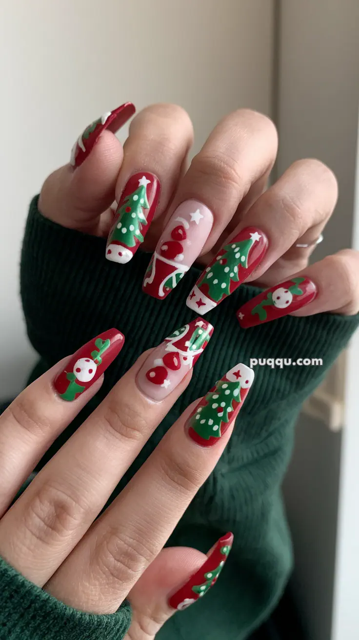 Festive Christmas-themed nail art with designs of trees, holly, and ornaments on red and white background.