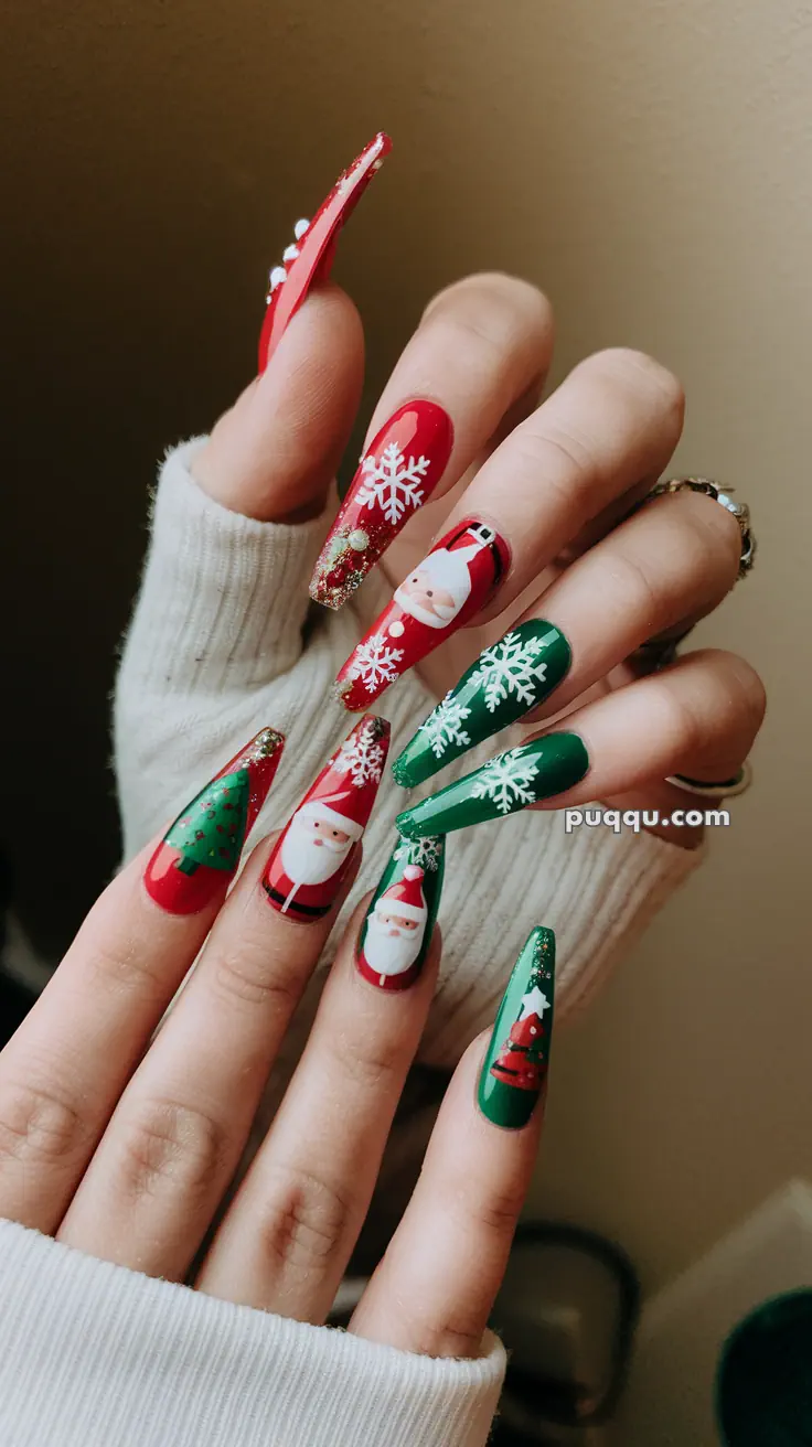 Festive fingernail designs with Santa, snowflakes, and Christmas tree motifs in red and green colors.