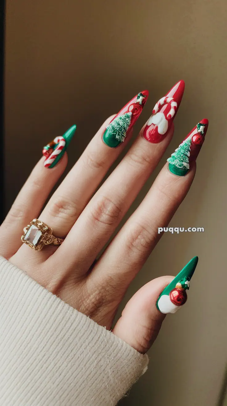 Hand with festive Christmas-themed nail art featuring candy canes and Christmas trees.