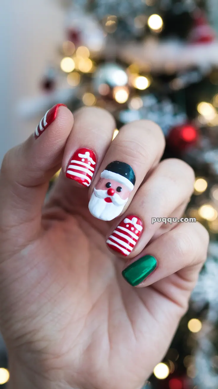 Close-up of a hand with festive Christmas-themed nail art, featuring Santa Claus and red and white stripes, set against a blurred background with holiday lights.