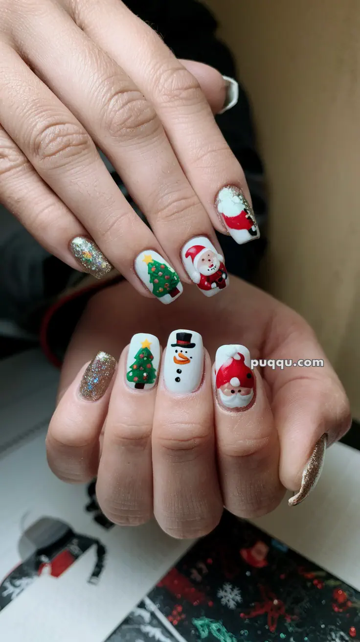 Holiday-themed nail art with Santa, Christmas trees, a snowman, and glittery gold polish.