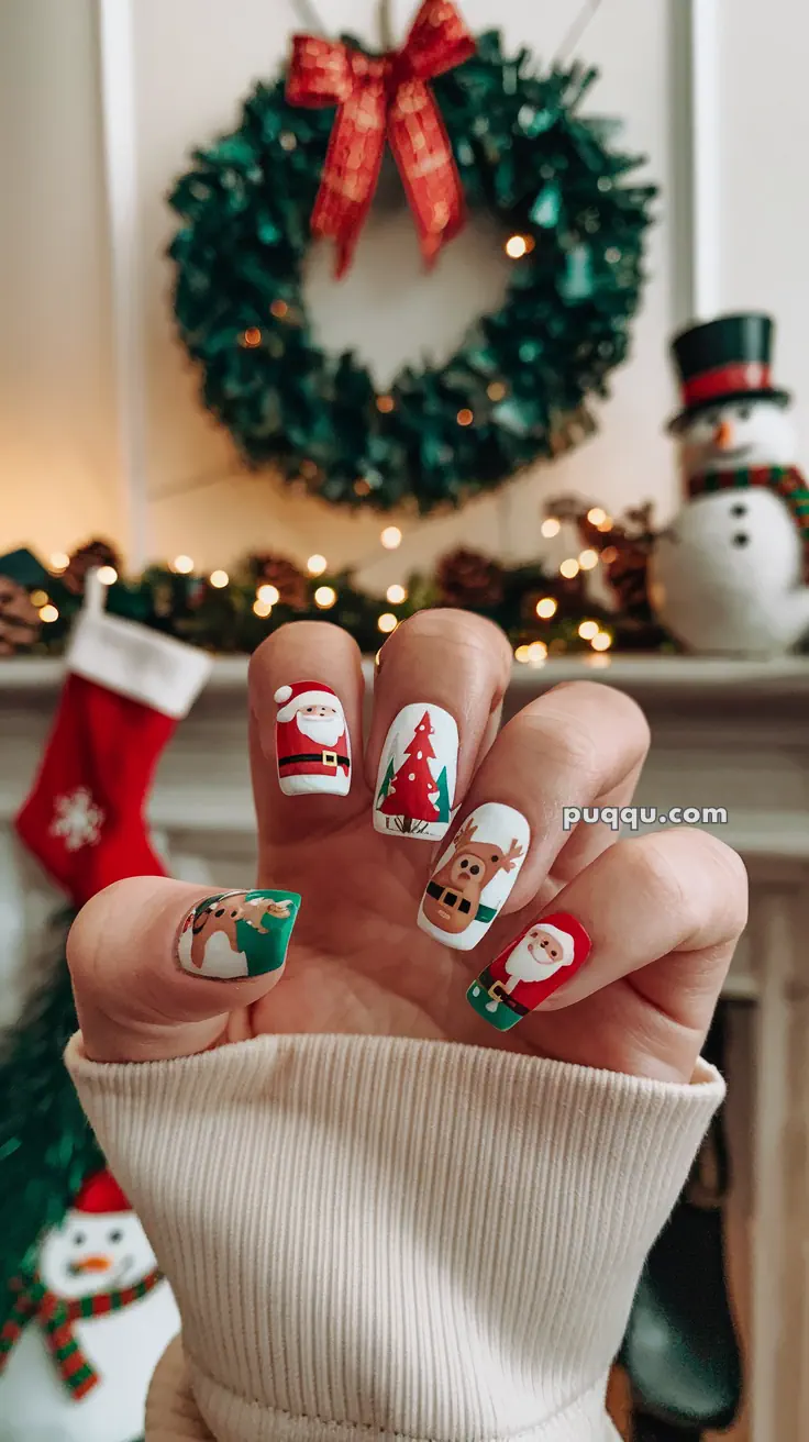 Christmas-themed nail art featuring Santa, a Christmas tree, a reindeer, and a gingerbread man, with holiday decorations in the background.