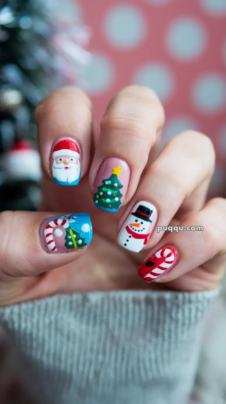 Festive nail art with designs of Santa, Christmas tree, snowman, and candy cane.