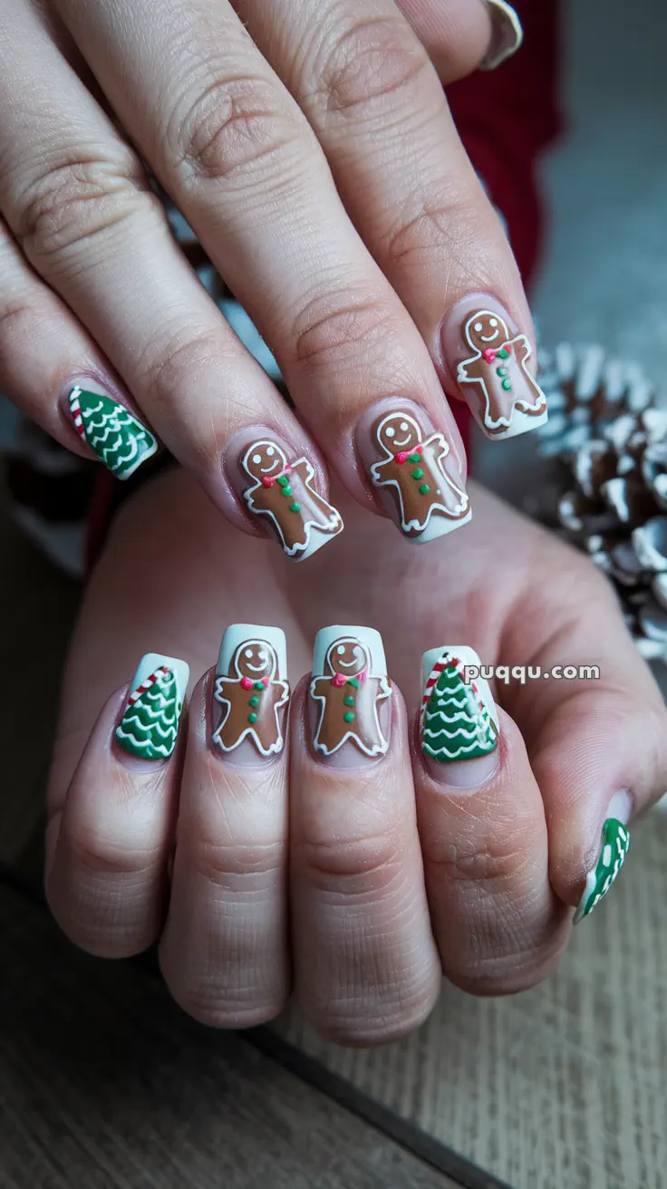 Fingernails with festive nail art featuring gingerbread men and Christmas trees.