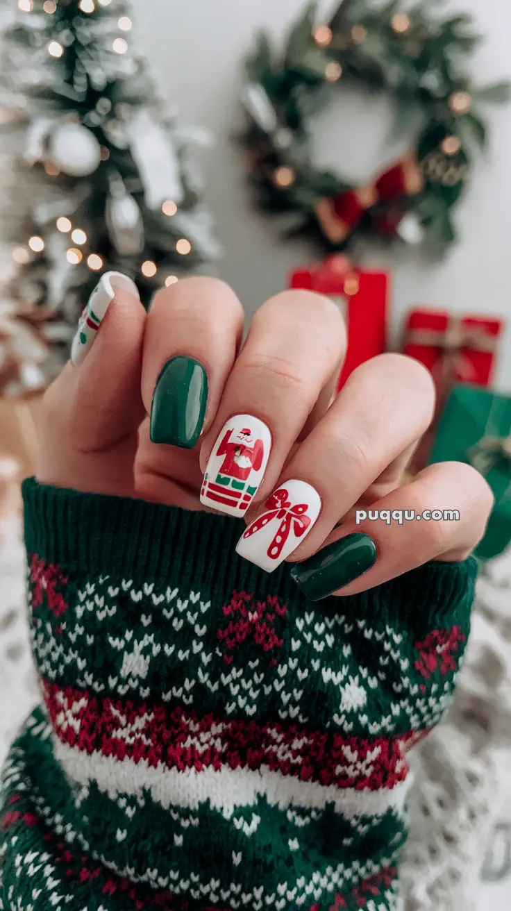 Festive nail art with green polish and holiday-themed designs, including Santa and candy canes, set against a backdrop of Christmas decorations.