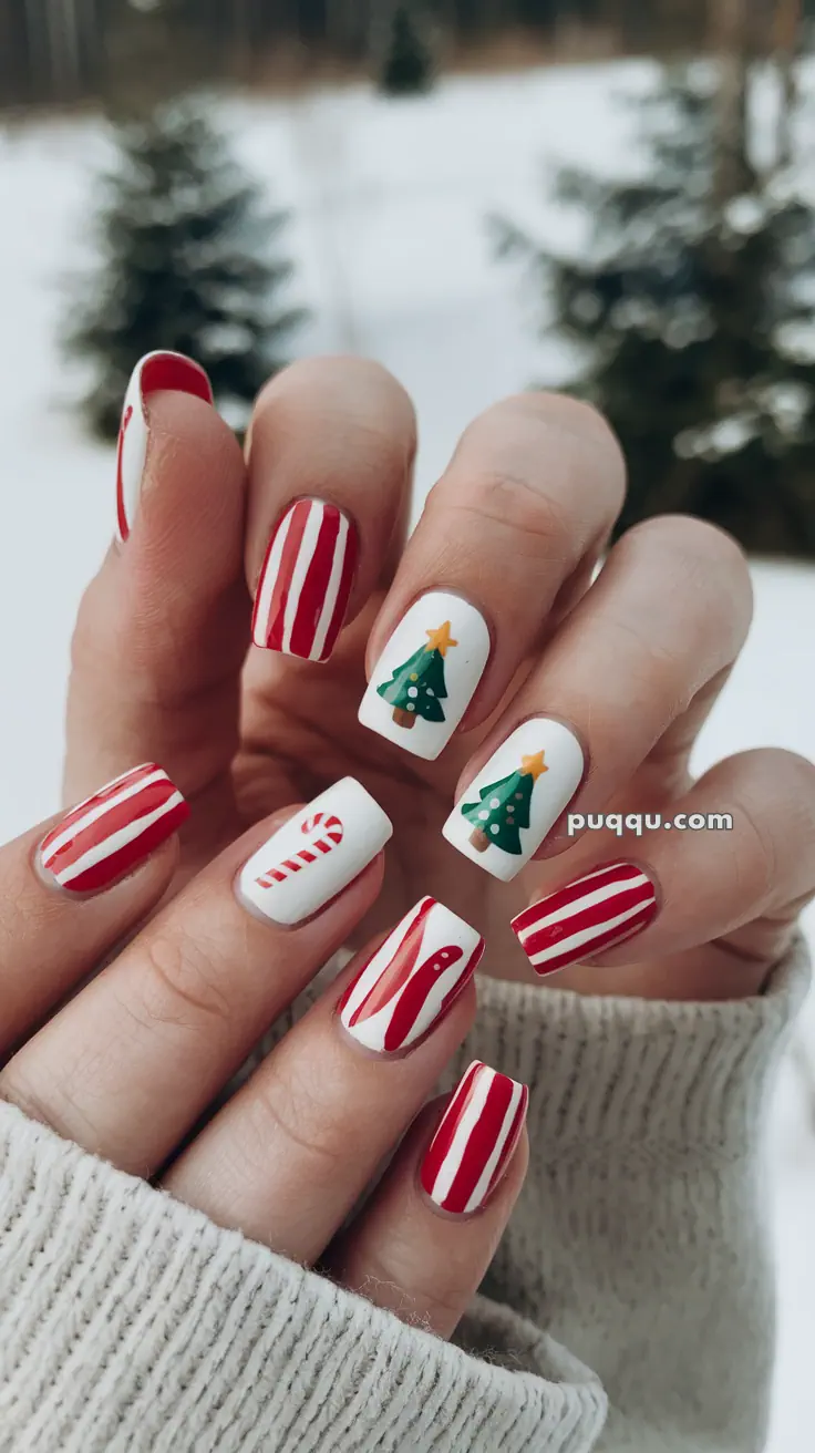 Festive Christmas-themed nails with red and white candy cane stripes, Christmas tree designs, and a peppermint candy motif.