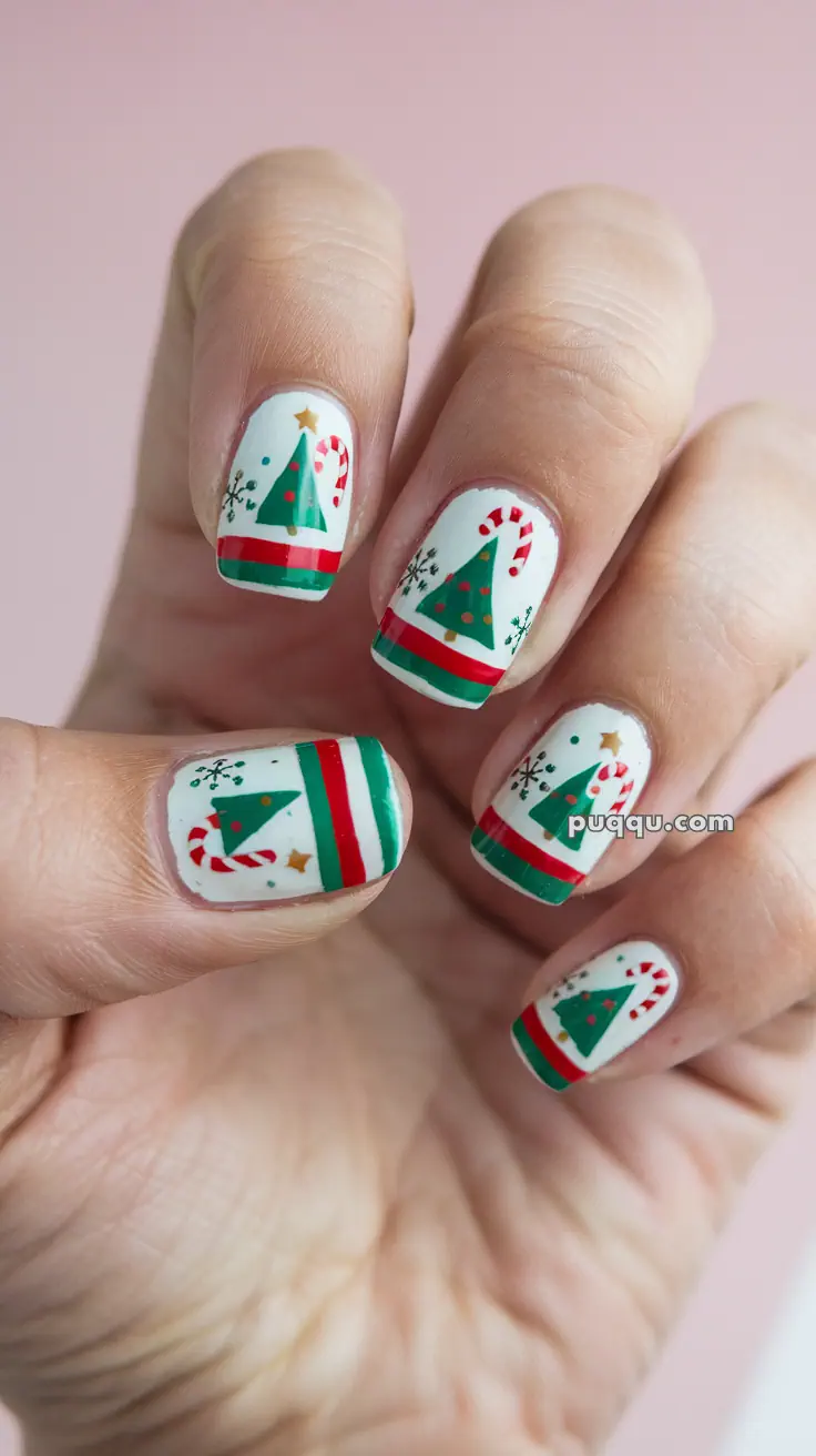 Christmas-themed nail art with candy canes, Christmas trees, and red and green stripes.