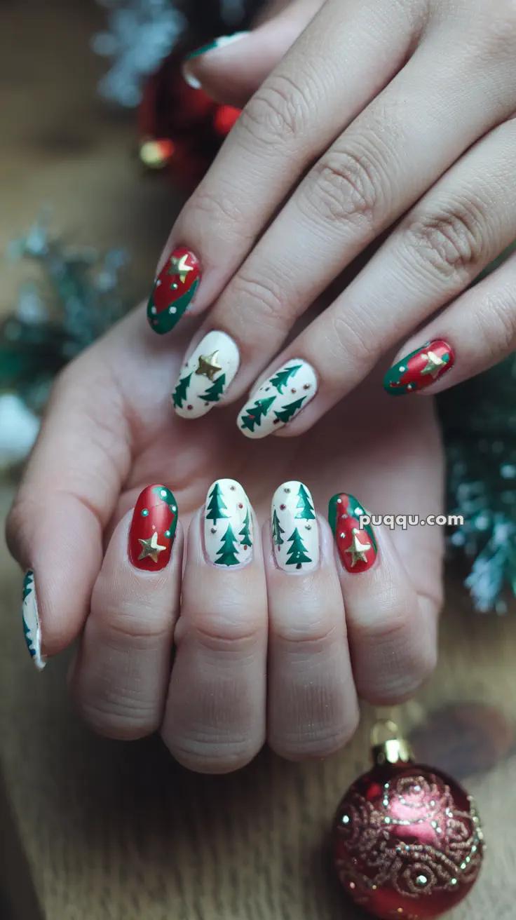 Hands with festive Christmas-themed nail art featuring red and white polish, green trees, and gold stars.