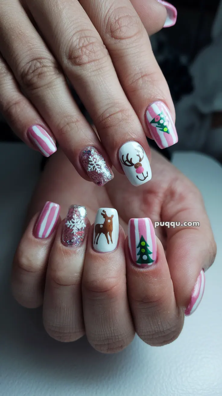 Festive nail art with striped pink and white patterns, snowflakes, reindeer, and Christmas tree designs.