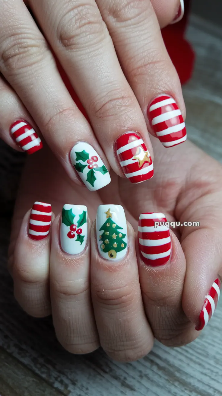 Red and white striped nails with Christmas-themed designs, including holly and a Christmas tree.
