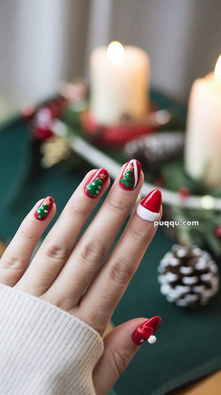 Red and green Christmas-themed nail art with tree and Santa hat designs.