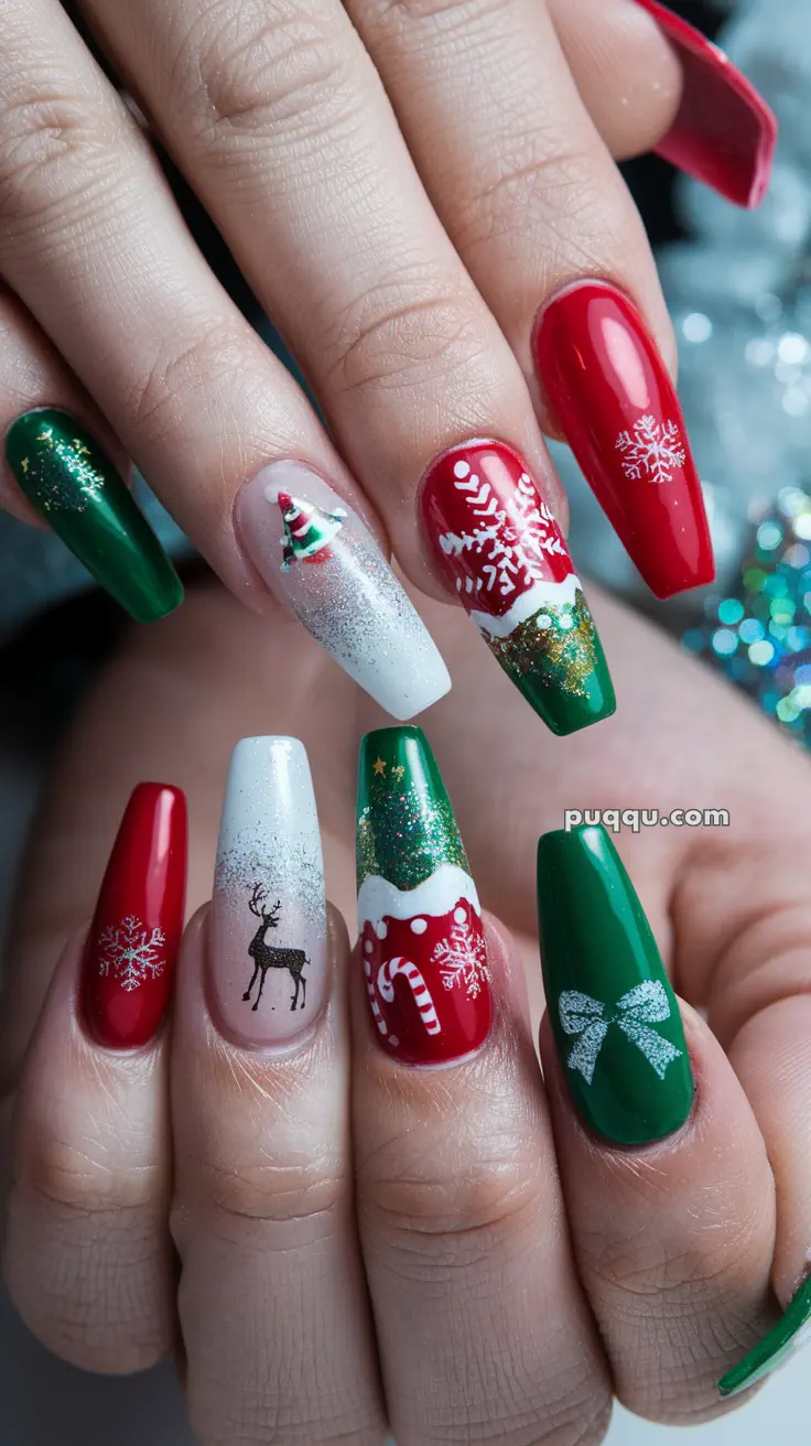 Festive holiday-themed nail art with red, green, and white designs featuring snowflakes, reindeer, candy cane, Christmas tree, and glitter accents.