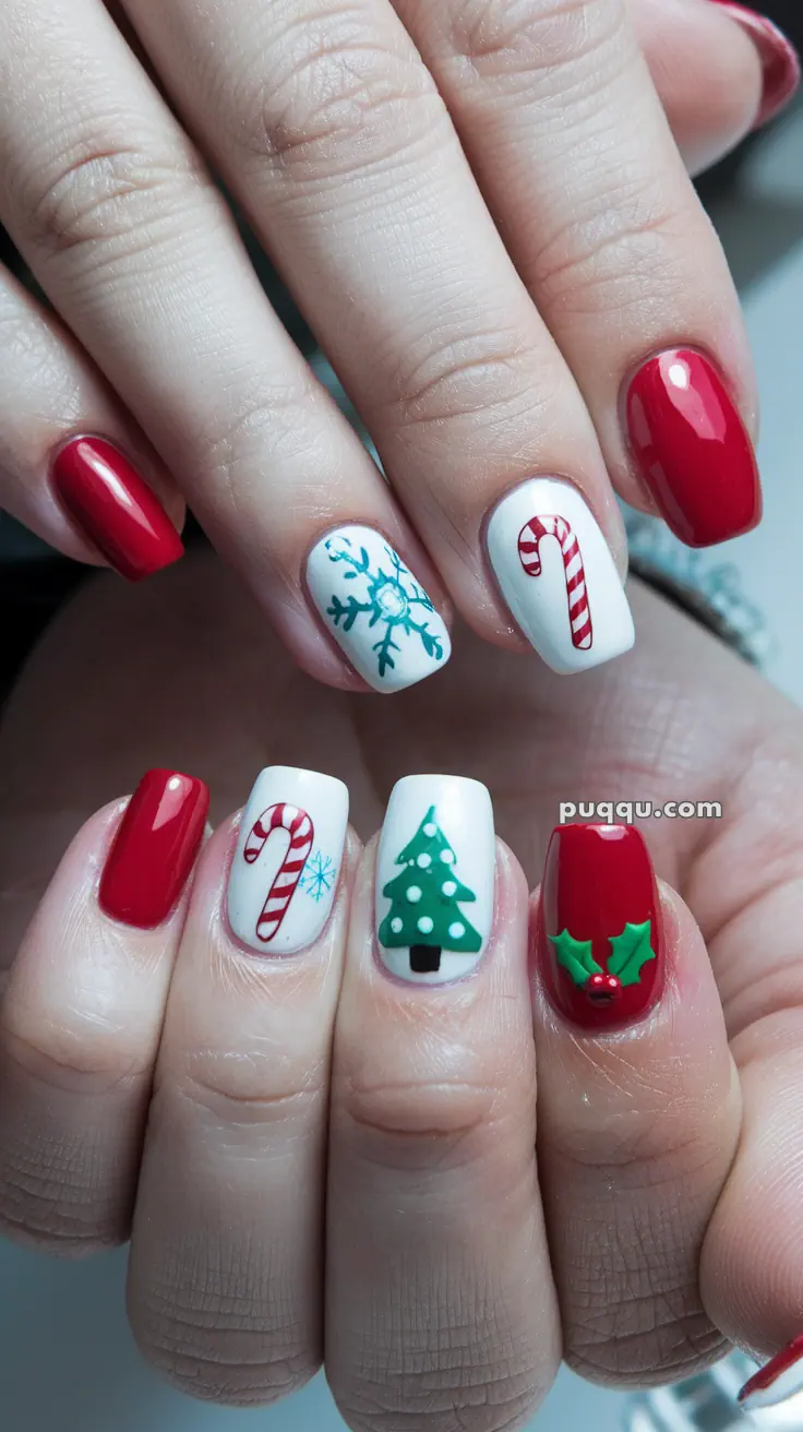 Festive Christmas-themed nail art with red, white, and green designs, including candy canes, snowflakes, a Christmas tree, and holly.