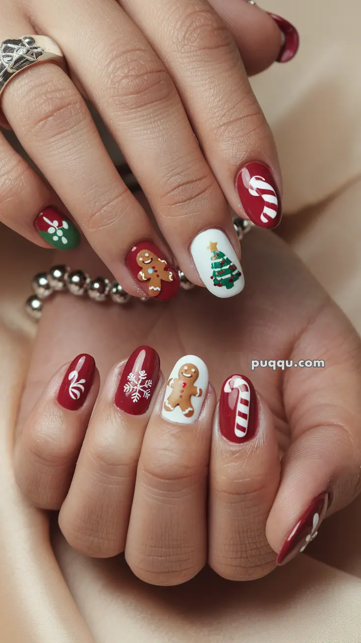 Close-up of Christmas-themed nail art featuring gingerbread men, candy canes, a Christmas tree, and snowflakes on red and white nails.