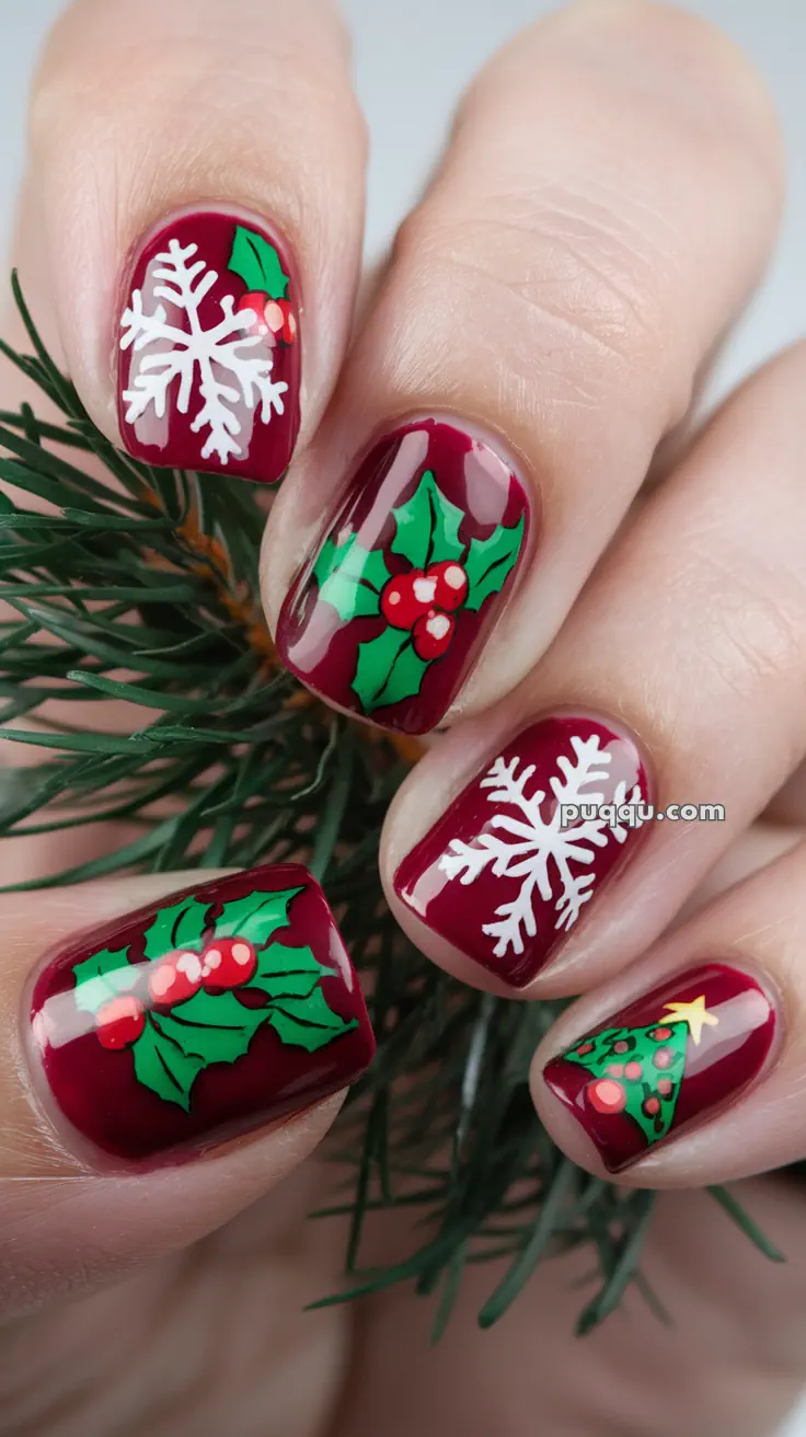 Fingernails with Christmas-themed nail art featuring red polish, white snowflakes, holly leaves with berries, and a Christmas tree design.