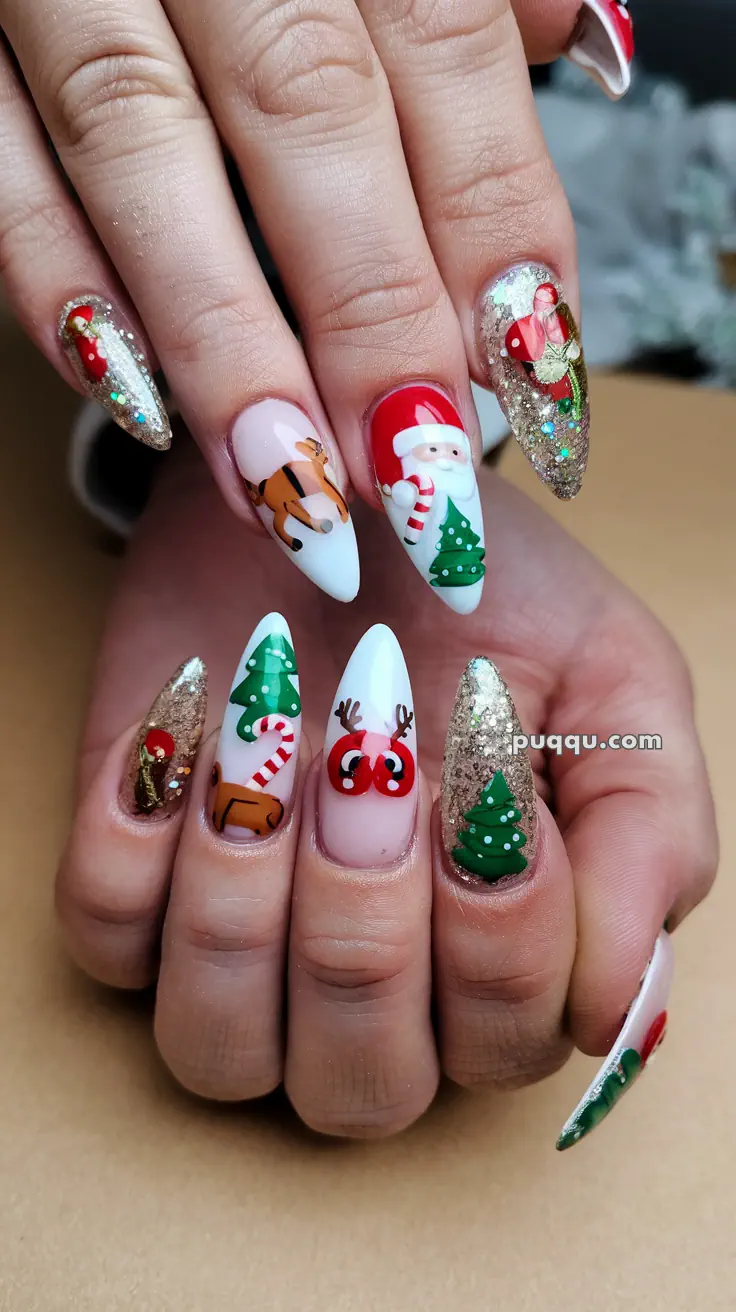 Festive holiday-themed nail art with designs of reindeer, Santa, Christmas trees, and glitter accents.
