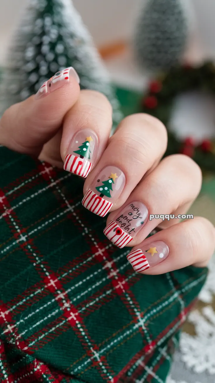 Christmas-themed nail art with red and white stripes, green trees, and text "merry and bright."