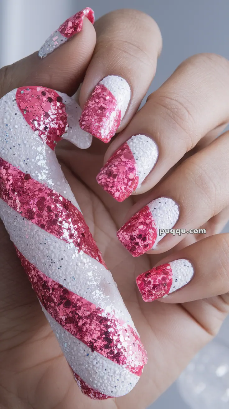 Hand with glittery red and white striped nails holding a matching candy cane.