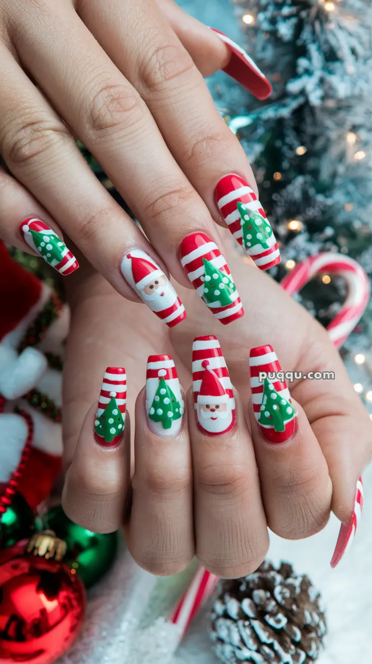 Festive Christmas-themed nail art with Santa Claus, Christmas trees, and red and white stripes.