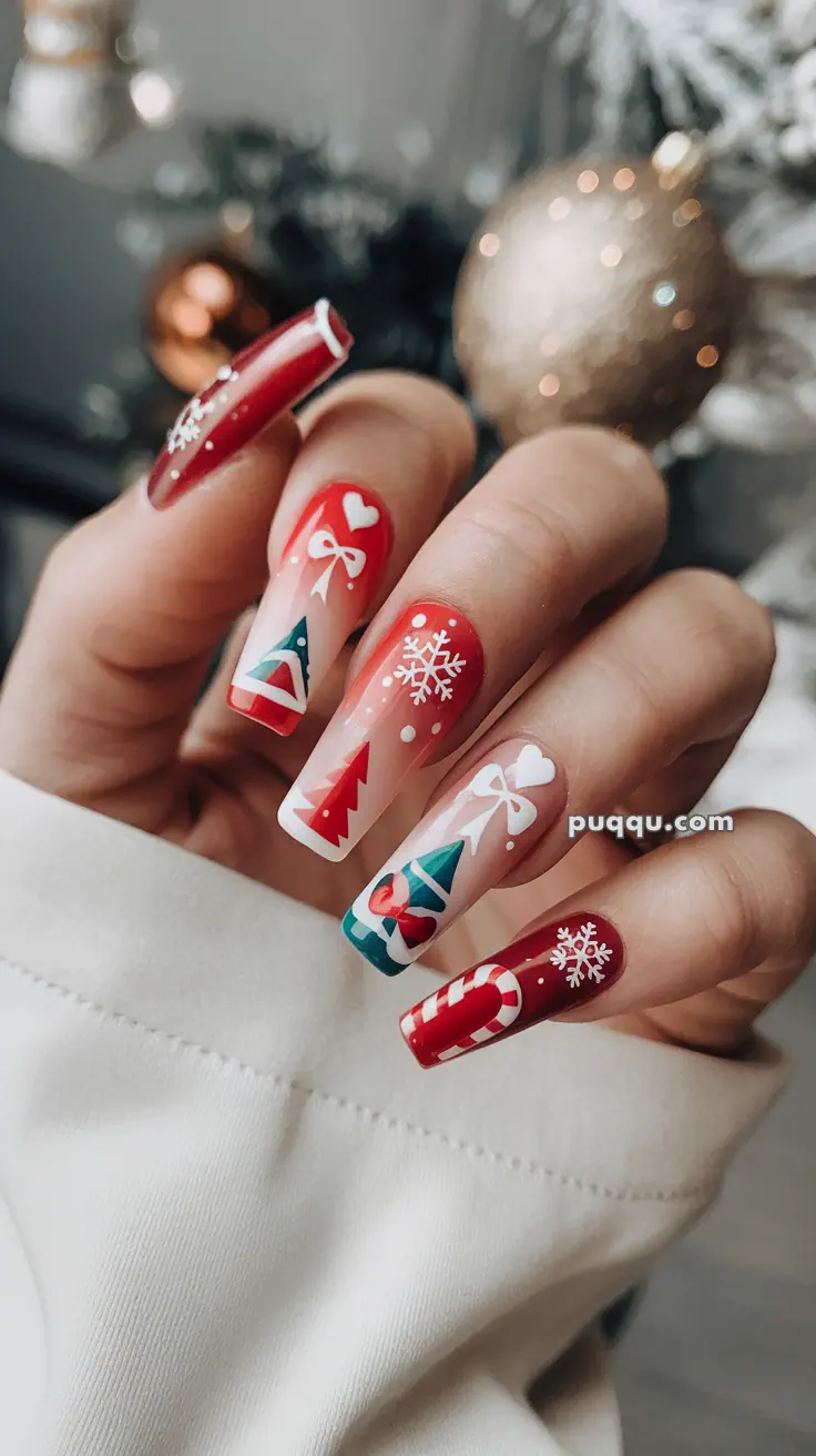 Festive holiday-themed nail art with red, white, and green designs featuring snowflakes, Christmas trees, candy canes, hearts, and bows.