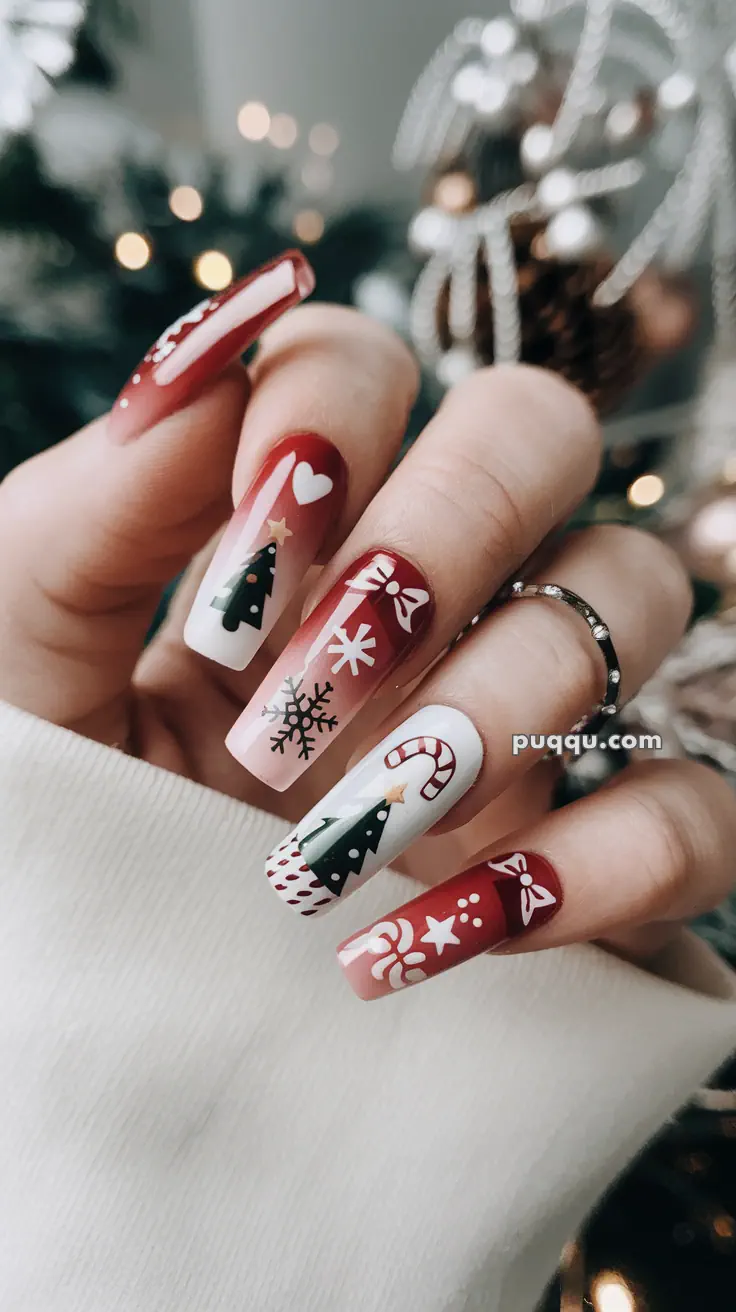 Festive holiday-themed nail art featuring Christmas trees, candy canes, snowflakes, and bows on red and white nails.