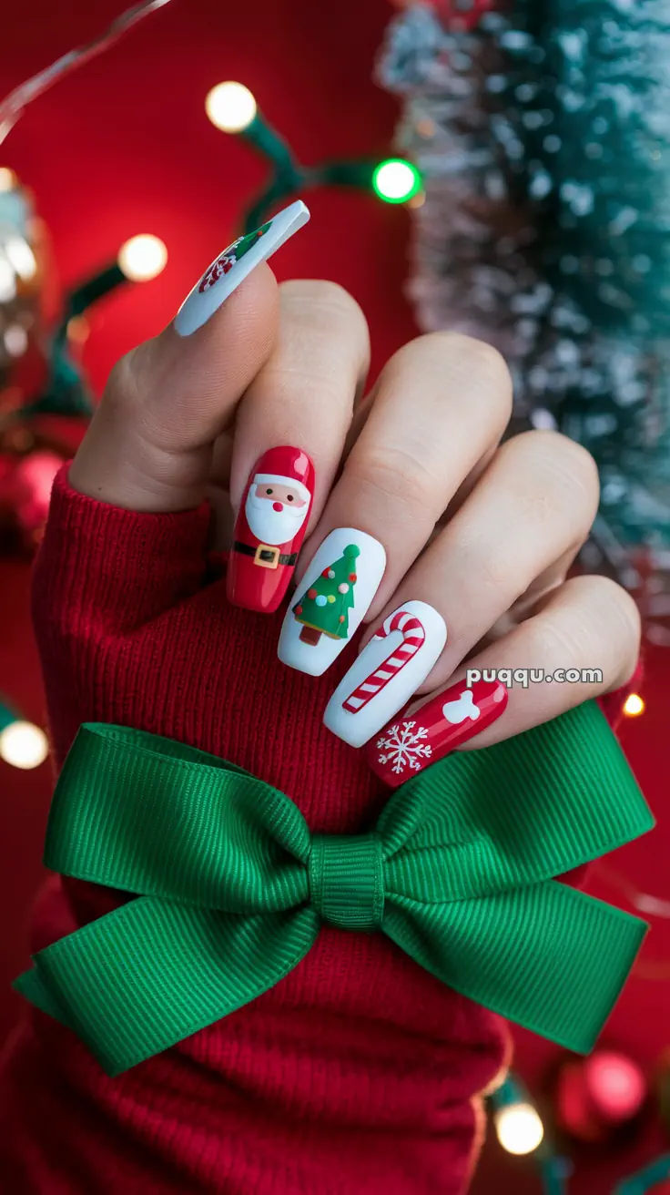 A hand with festive nail art featuring Santa, a Christmas tree, a candy cane, and a snowflake, wearing a red glove with a green bow.