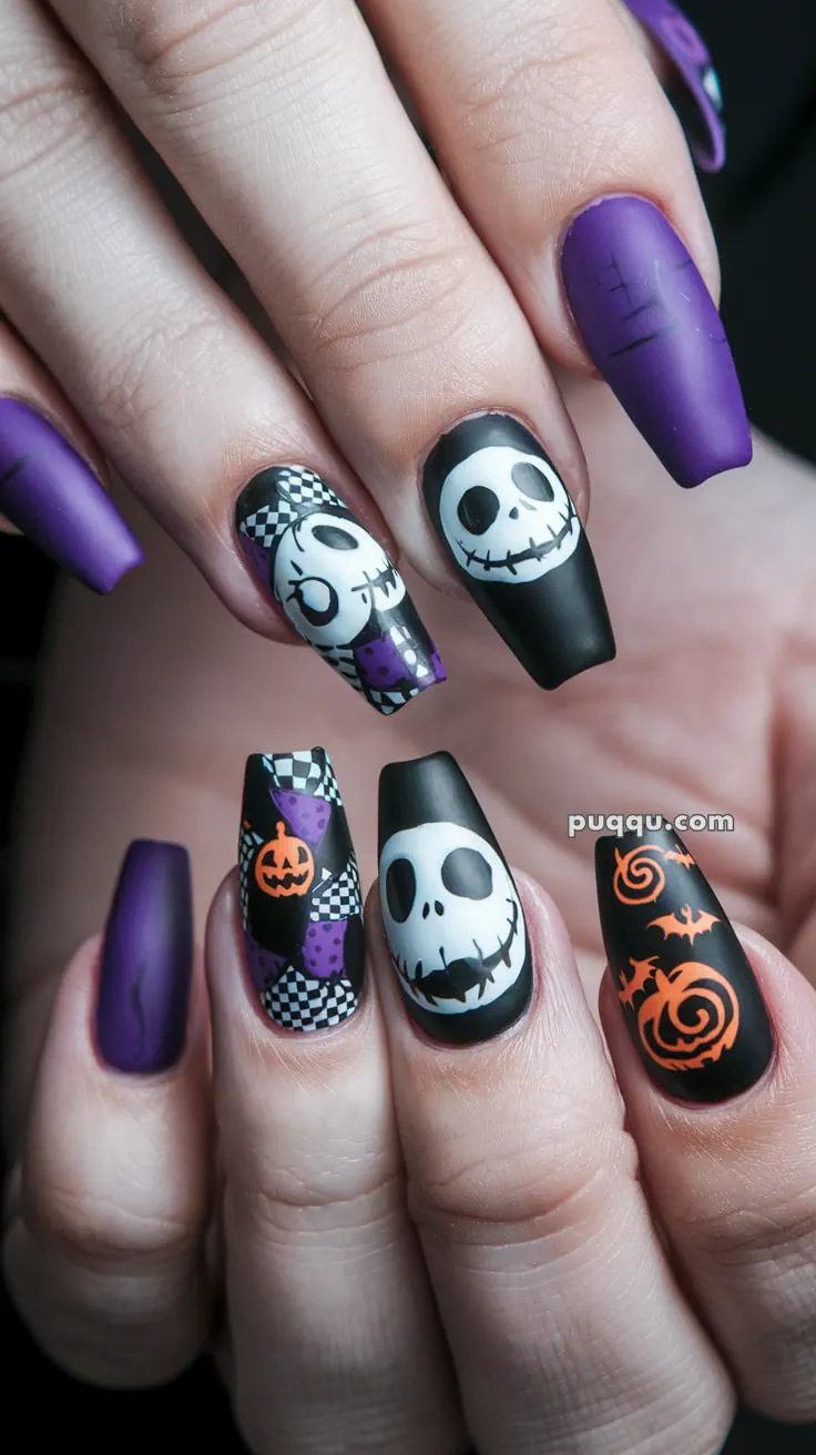 Halloween-themed nail art featuring skulls, pumpkins, bats, and purple and black designs.