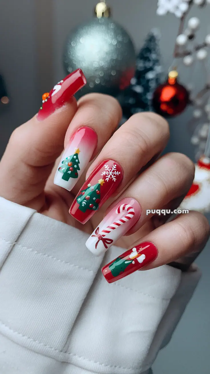 Festive Christmas-themed nail art with designs of Christmas trees, snowflakes, and candy canes.