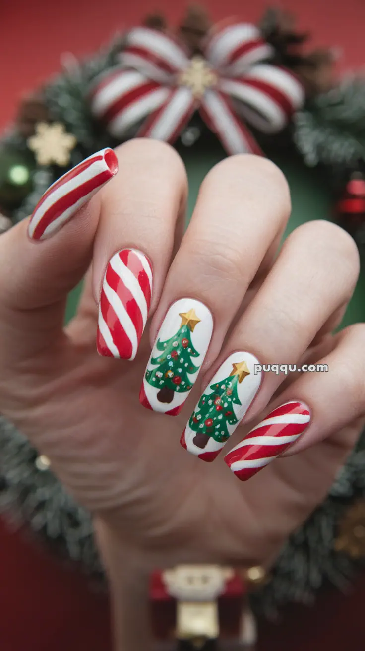 Hand with festive Christmas nail art, featuring red and white candy cane stripes and decorated Christmas trees, in front of a blurred holiday-themed background.