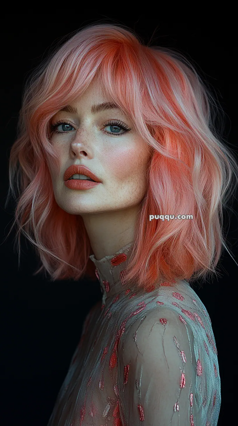 A person with short, wavy, pastel pink hair and freckles, wearing a sheer floral-patterned top, against a dark background.
