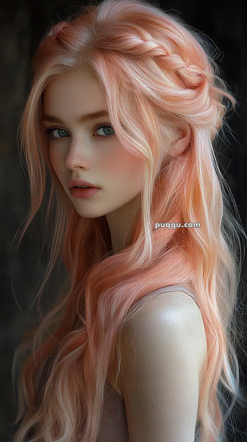 Portrait of a person with long, wavy pink hair styled in a half braid, looking intently at the camera.