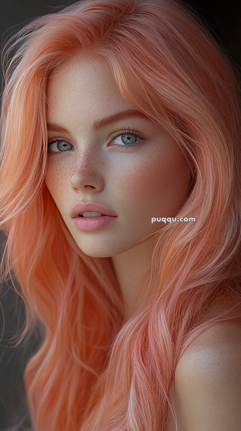 A person with long, wavy pink hair and freckles gazing at the camera.