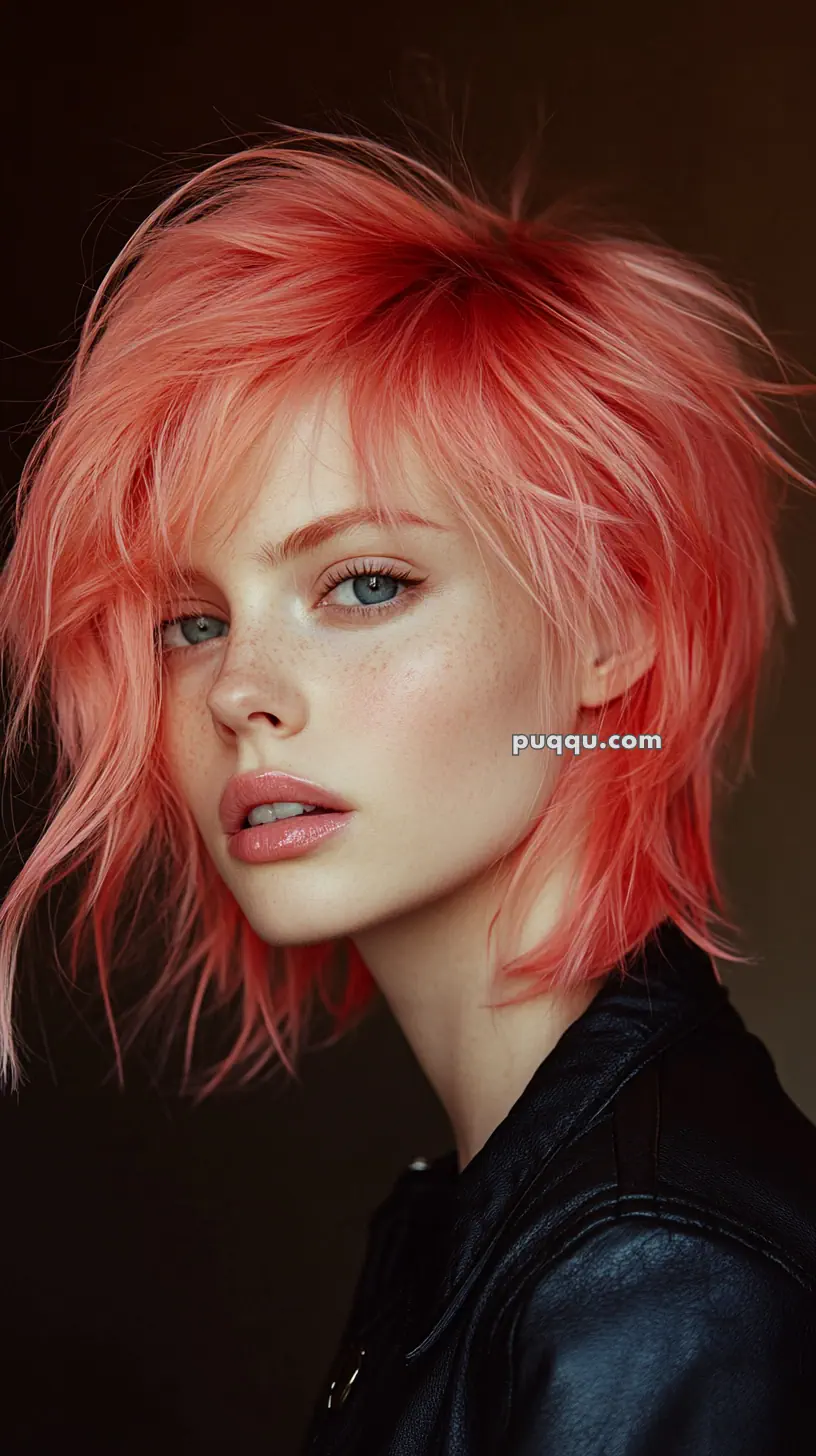 A person with short, layered bright pink hair, blue eyes, and freckles, wearing a black leather jacket, against a dark background.