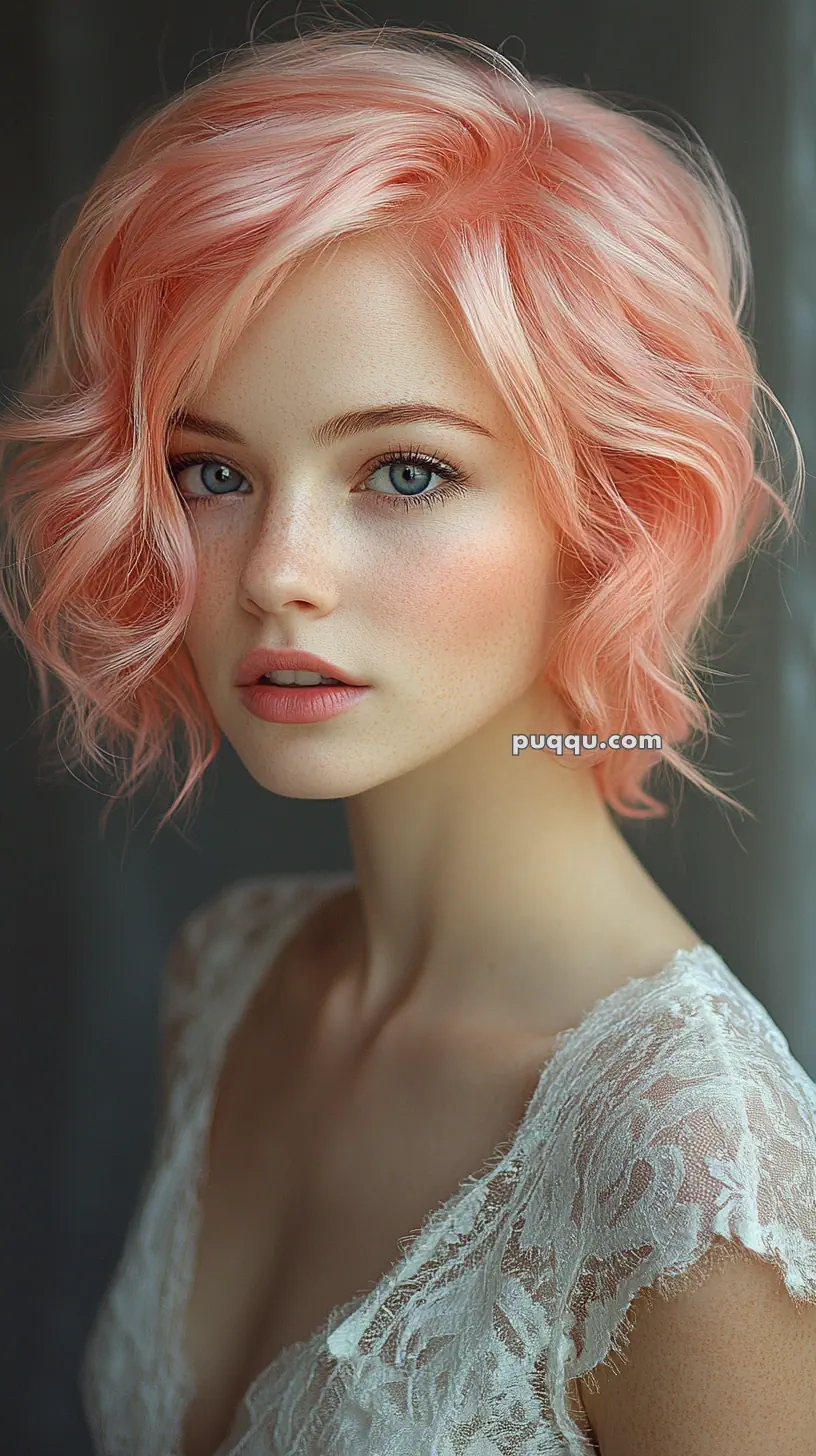 A woman with short curly pink hair and blue eyes, wearing a lace garment, gazes softly at the camera.