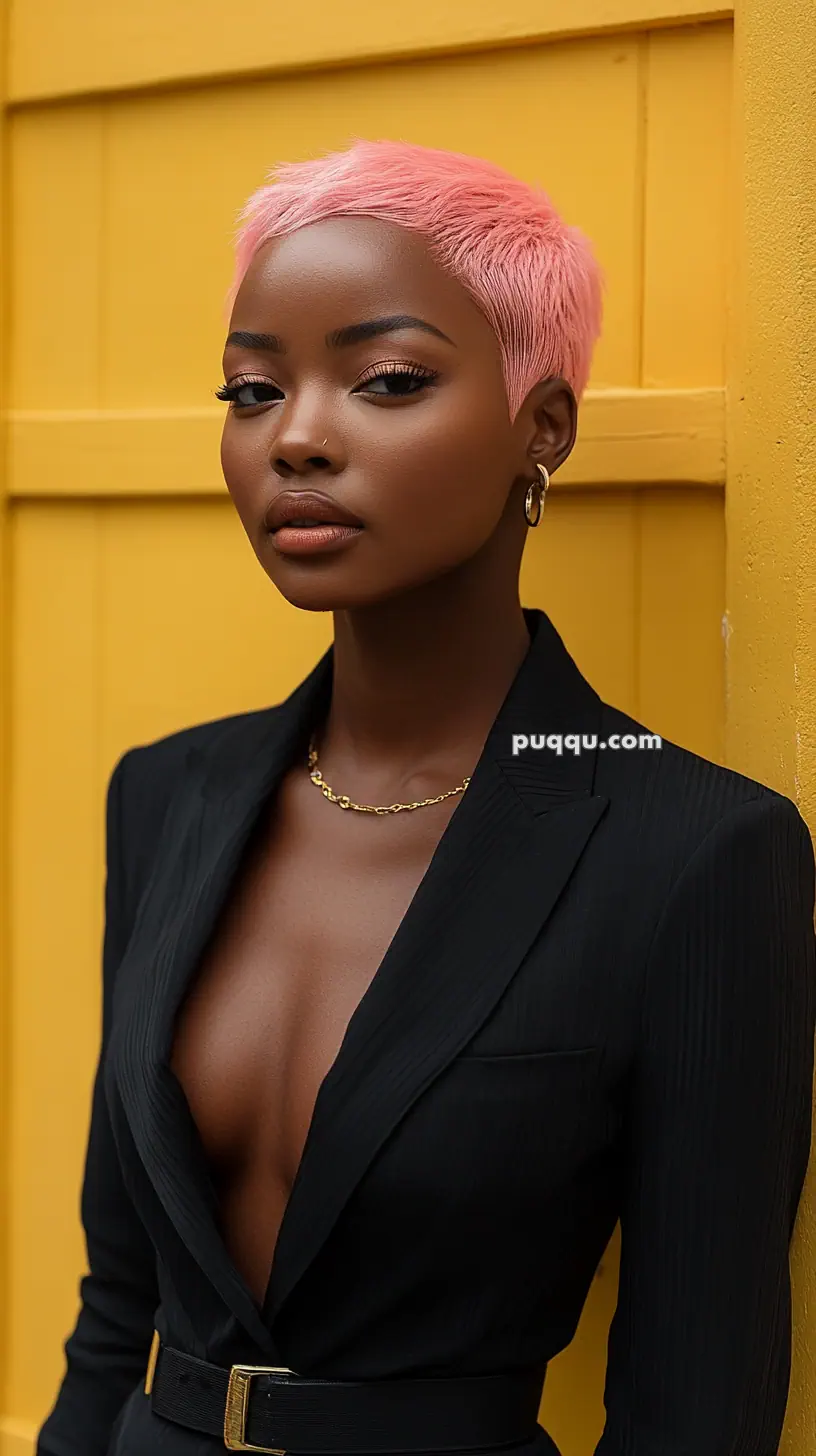 A person with short pink hair wearing a black blazer stands against a yellow background.