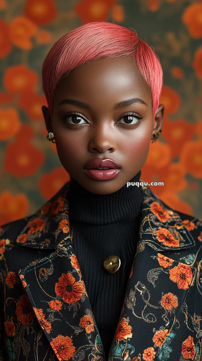 Person with short pink hair wearing a floral-patterned jacket and black turtleneck, standing against a floral background.