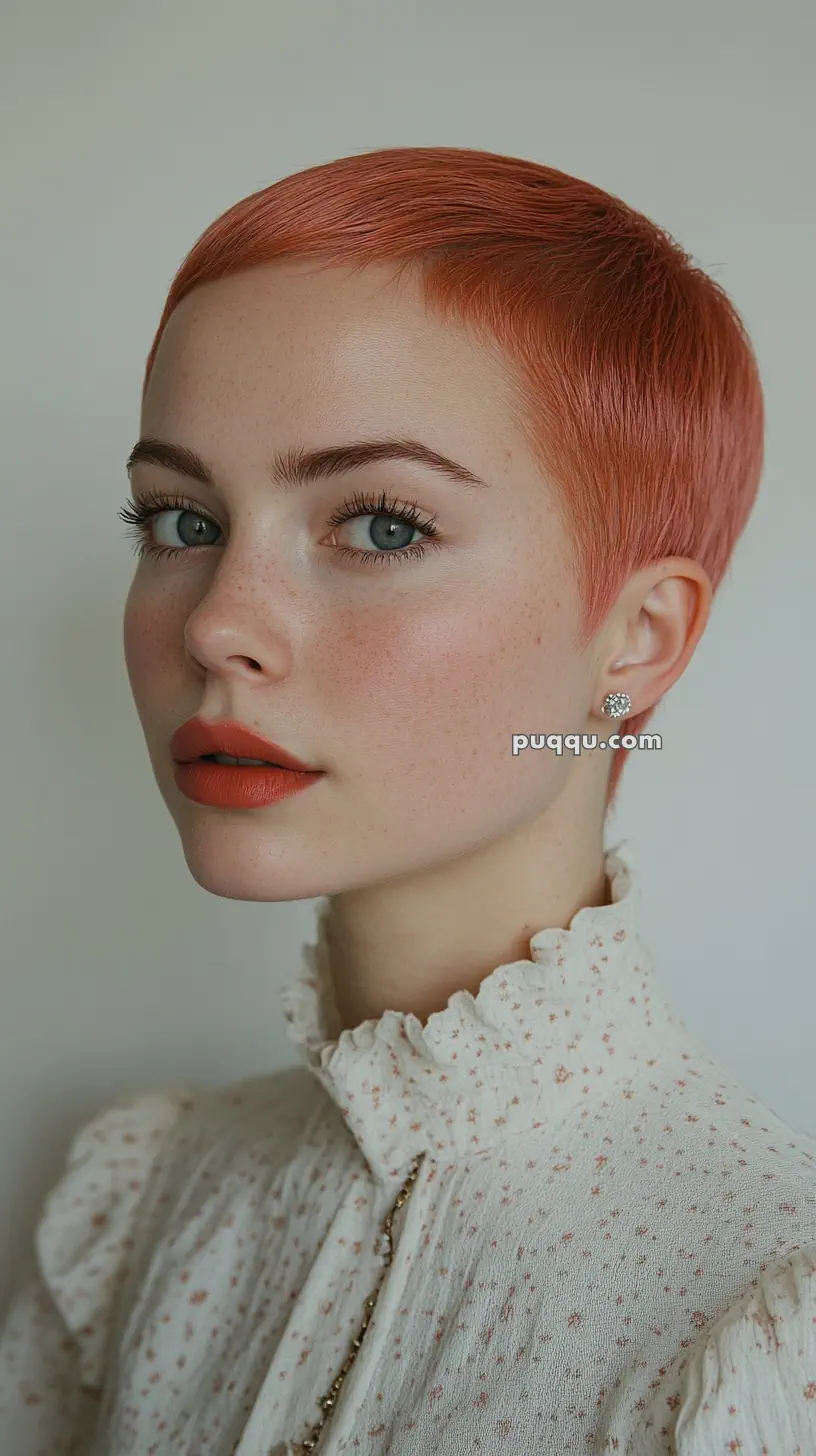 A person with short red hair, wearing a high-collared, floral patterned blouse, and stud earrings.