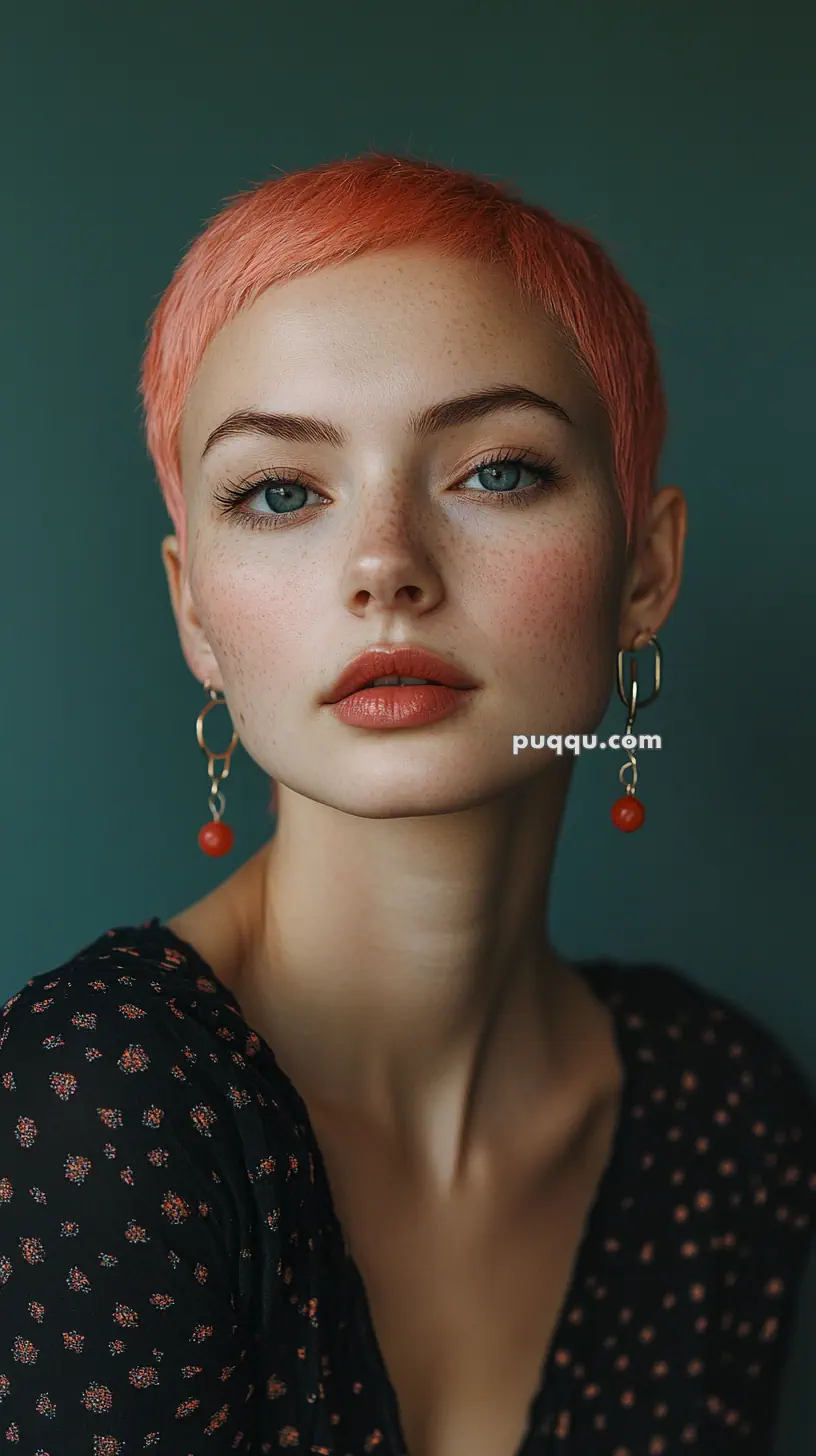 A person with short pink hair and freckles wearing drop earrings and a patterned black top.