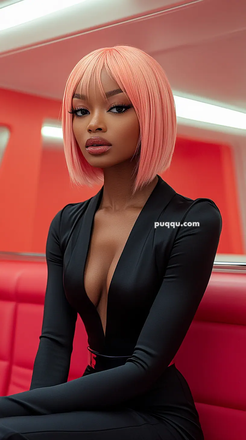 A person with pink hair and a black outfit sitting on a red bench in a room with orange walls.