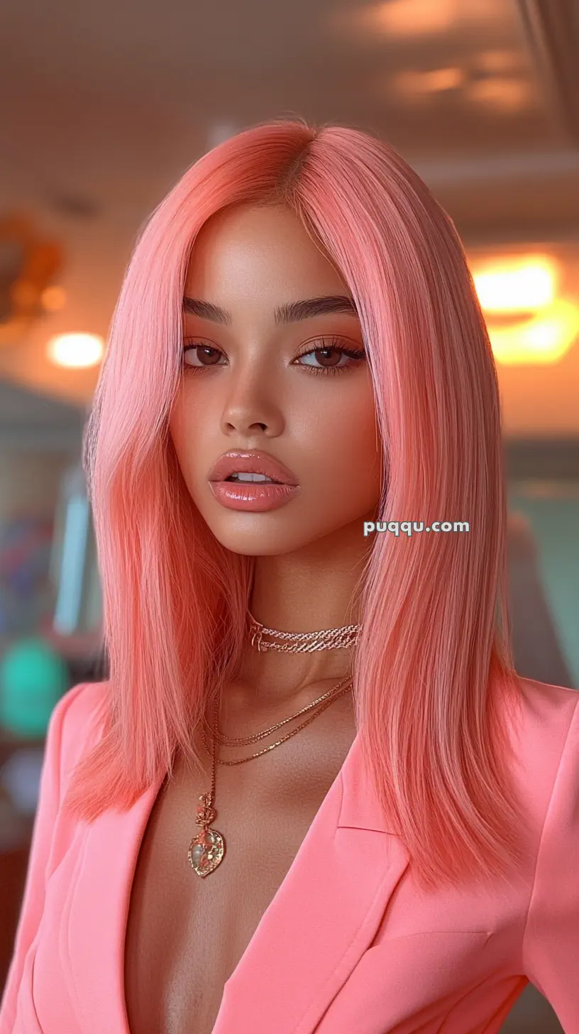 A woman with straight pink hair wearing a pink suit and layered necklaces.