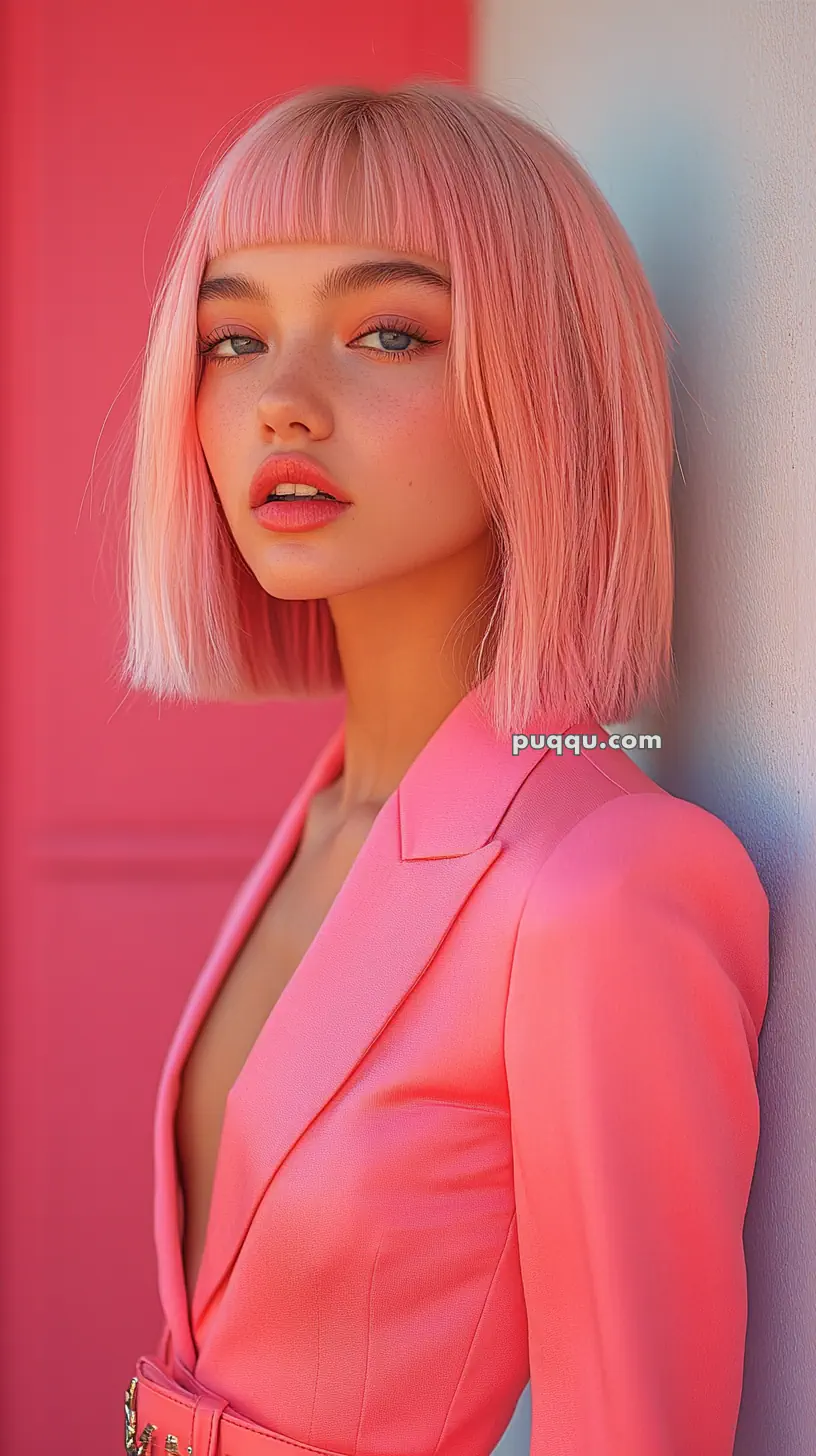 A person with pink hair and a matching pink blazer standing against a pink wall.