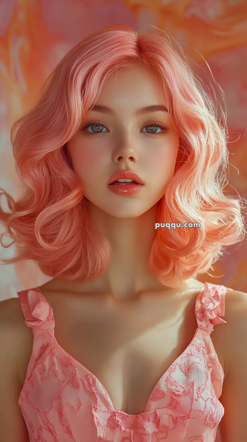 A person with wavy pink hair wearing a pink dress with floral patterns against a warm, blurred background.