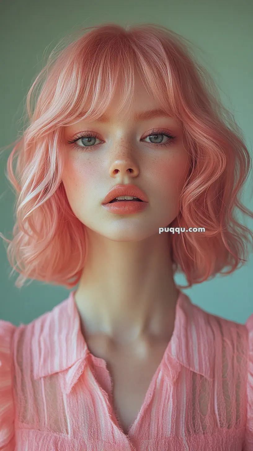 A woman with pink hair and a pink blouse.