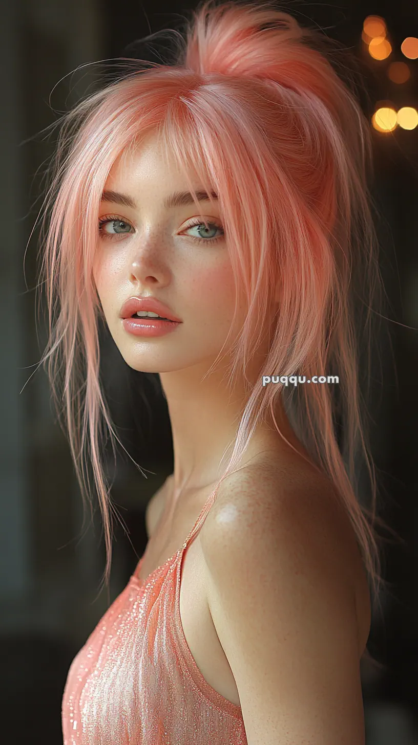 A person with long pink hair in an updo, wearing a sleeveless pink top and looking over their shoulder.