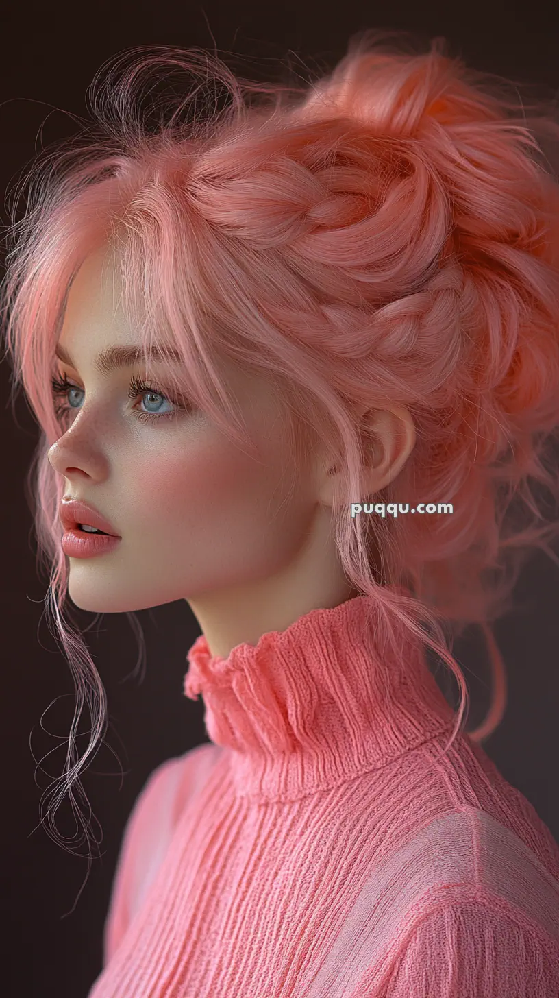A person with pink hair styled in a braided updo, wearing a pink turtleneck, looking to the side.