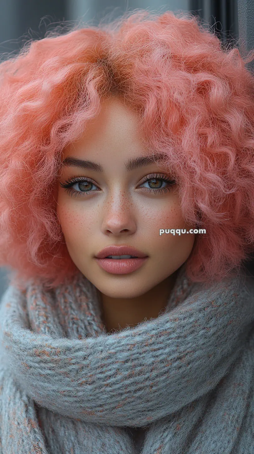 Woman with pink curly hair and a cozy gray scarf.