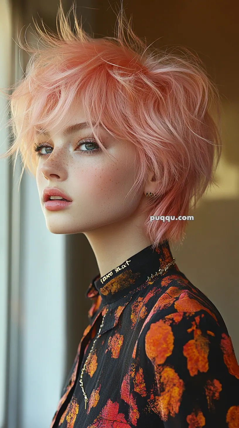 A person with short, pink hair and freckles, wearing a patterned shirt, looks to the side.