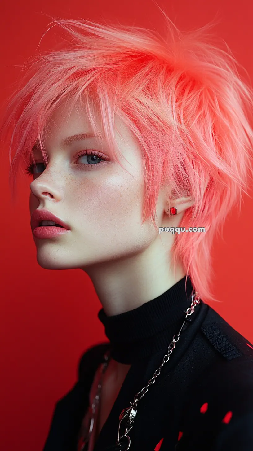 Person with short, vibrant pink hair wearing a black turtleneck and silver chain necklace, set against a red background.