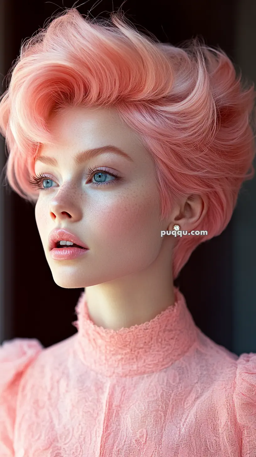 Woman with short, wavy pink hair in a lace pink dress.