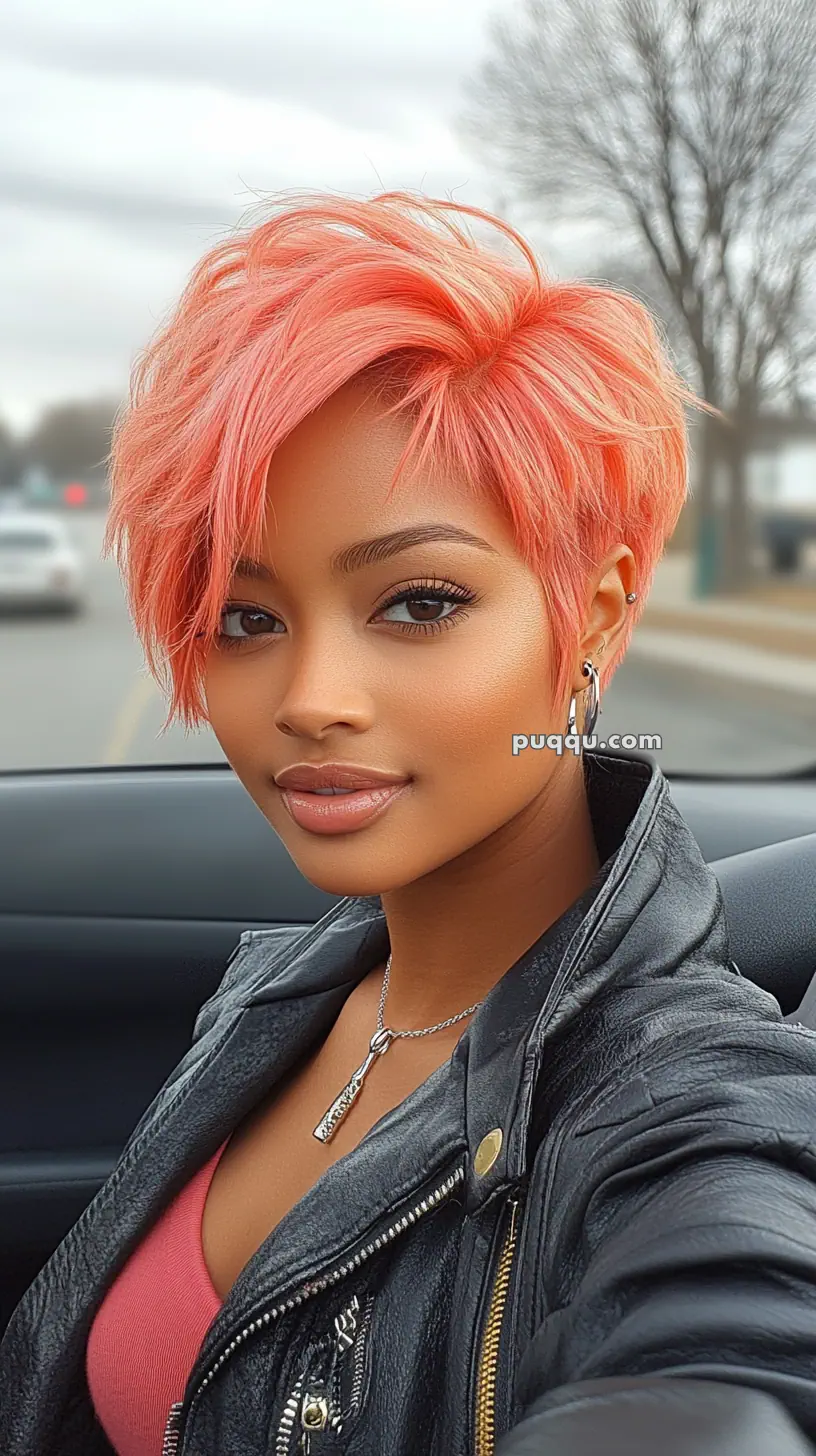 A person with pink short hair wearing a black leather jacket and necklace, sitting in a car.